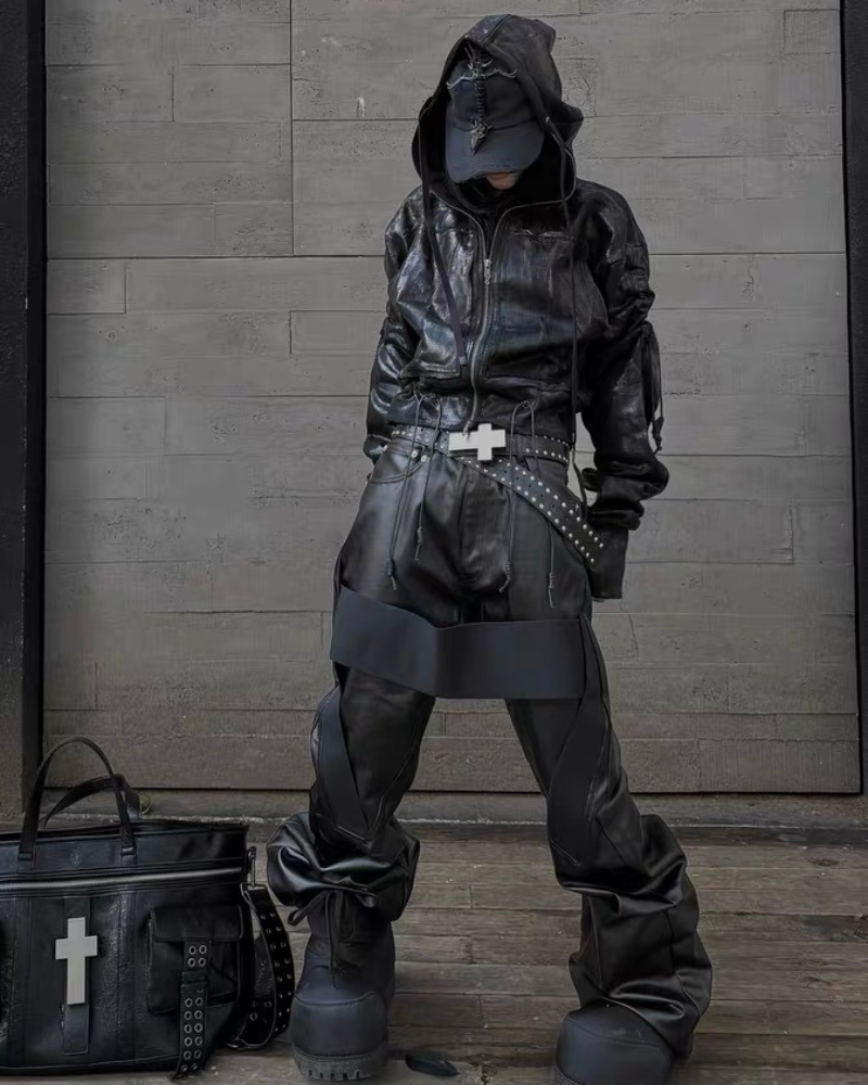 Opium Style Dark Waxed Metal–Effect Hooded Jacket – Techwear Official