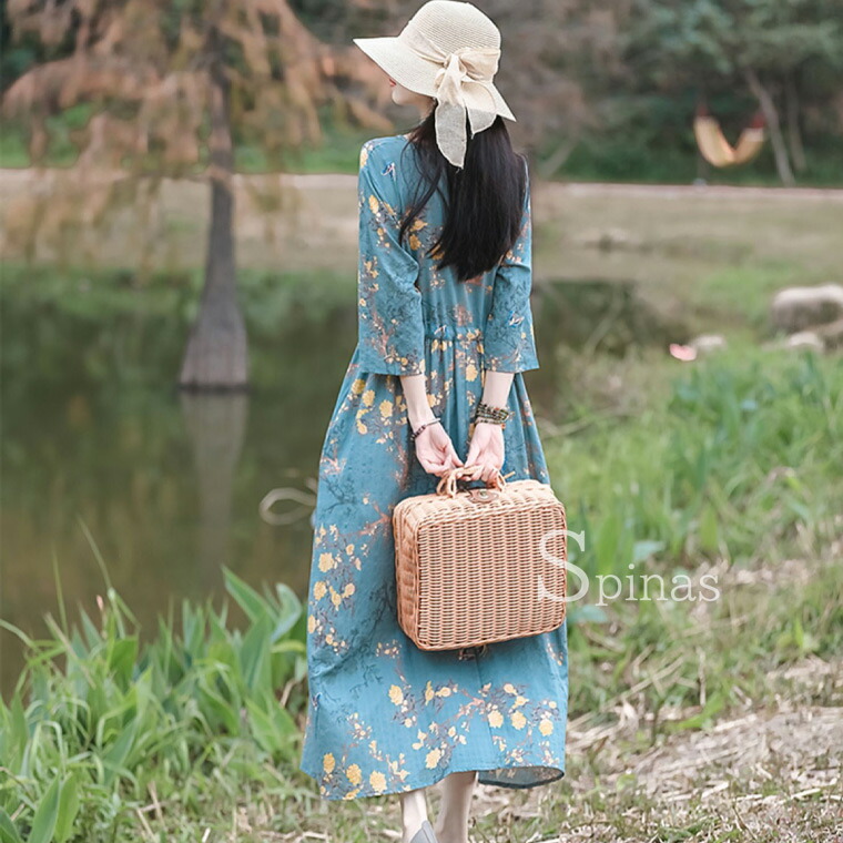 楽天市場】絵画のような絵柄のワンピース 七分袖 花柄 ハイウエスト