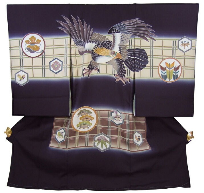 楽天市場】正絹初着（お宮参り着物・産着）男の子「紺地に格子に鷹