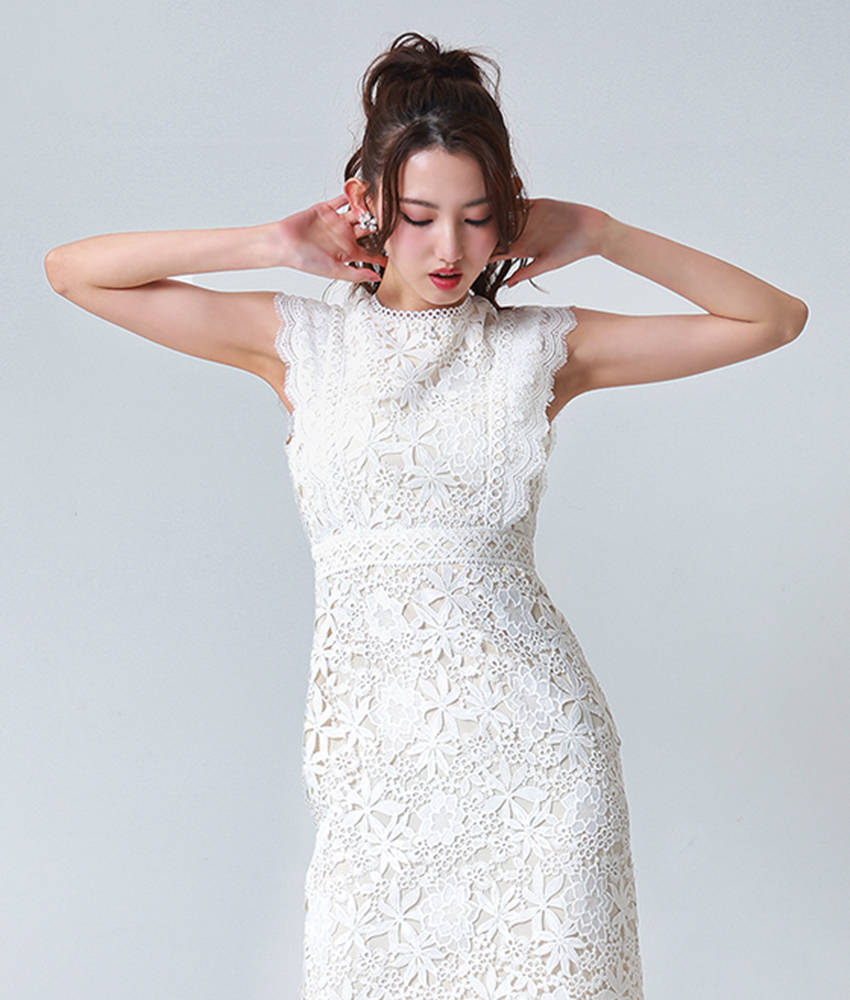 ホワイト・総レース・フラワーレース・ノースリーブ・タイト/ERUKEI