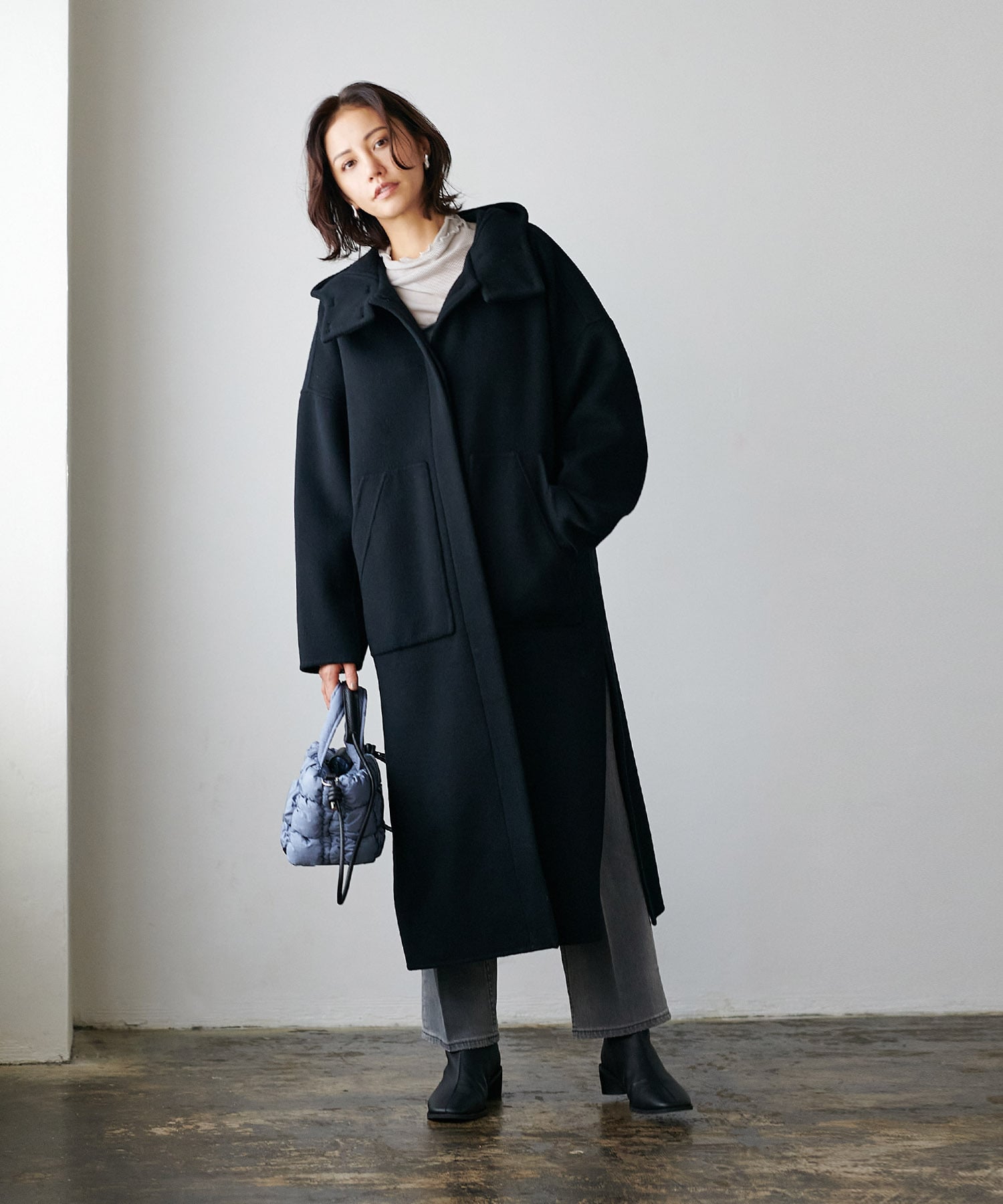 フーディリバーロングコート シャルム加工スーパー110s | AND ON JIONE