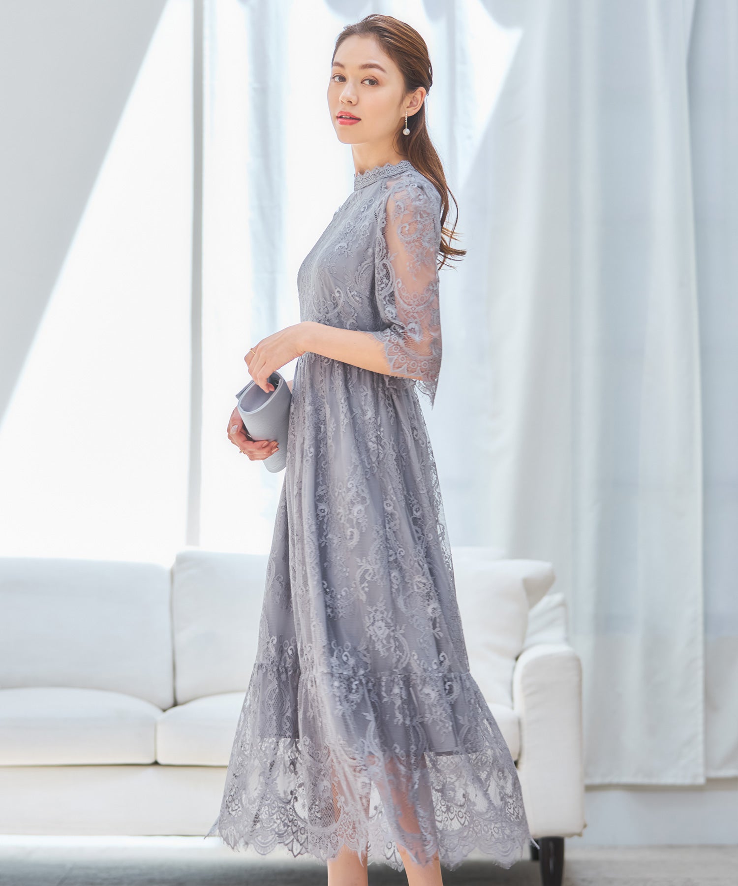 レーススタンドカラーワンピースドレスパーティードレス アッシュ