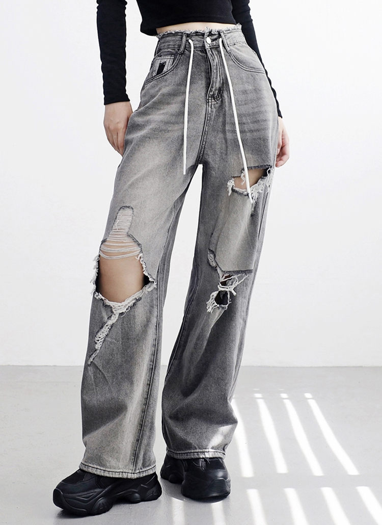 ドロストダメージグレーワイドデニムパンツ | レディースファッション