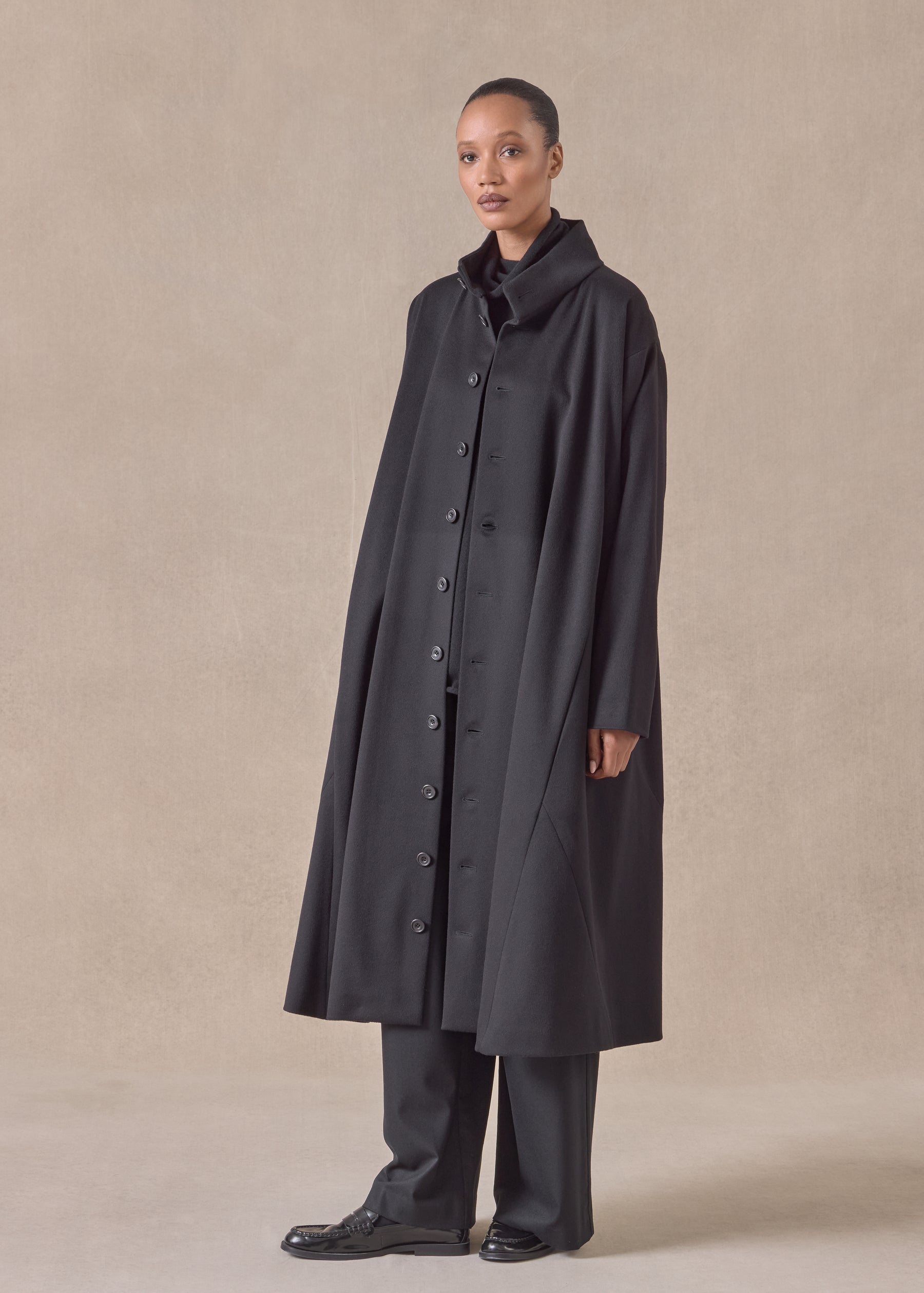 wool cashmere mix high neck caucasus coat - full length (black)