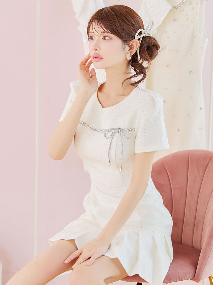 スパンコールビジューリボンプリーツミニドレス/キャバドレス【XS-XL