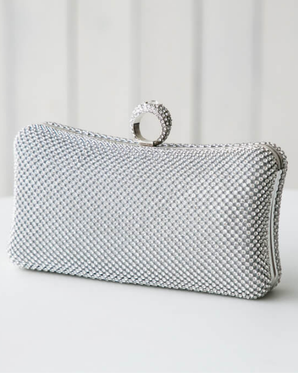 南青山】【シルバー】スクエア型 ストーンクラッチバッグ｜東京