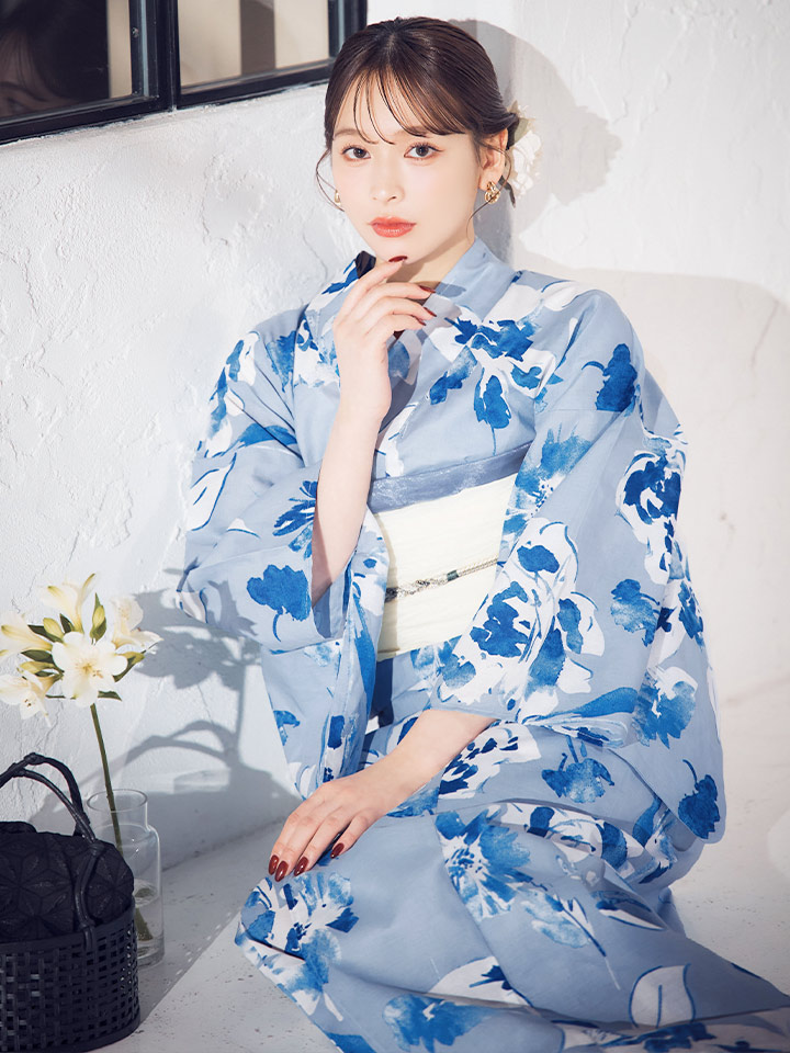 即日発送】くすみブルー水彩花柄浴衣【浴衣3点セット 浴衣/帯/下駄