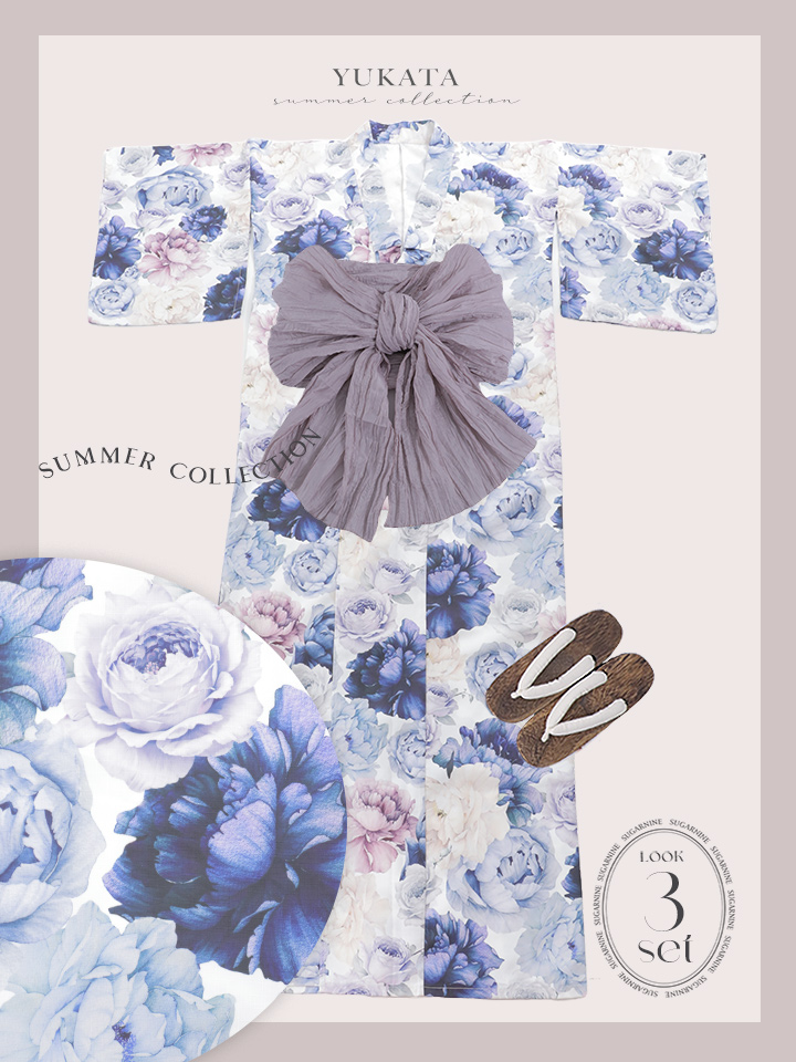 即日発送】【Riuコラボ】ブルーアイボリーピオニー浴衣【浴衣3点