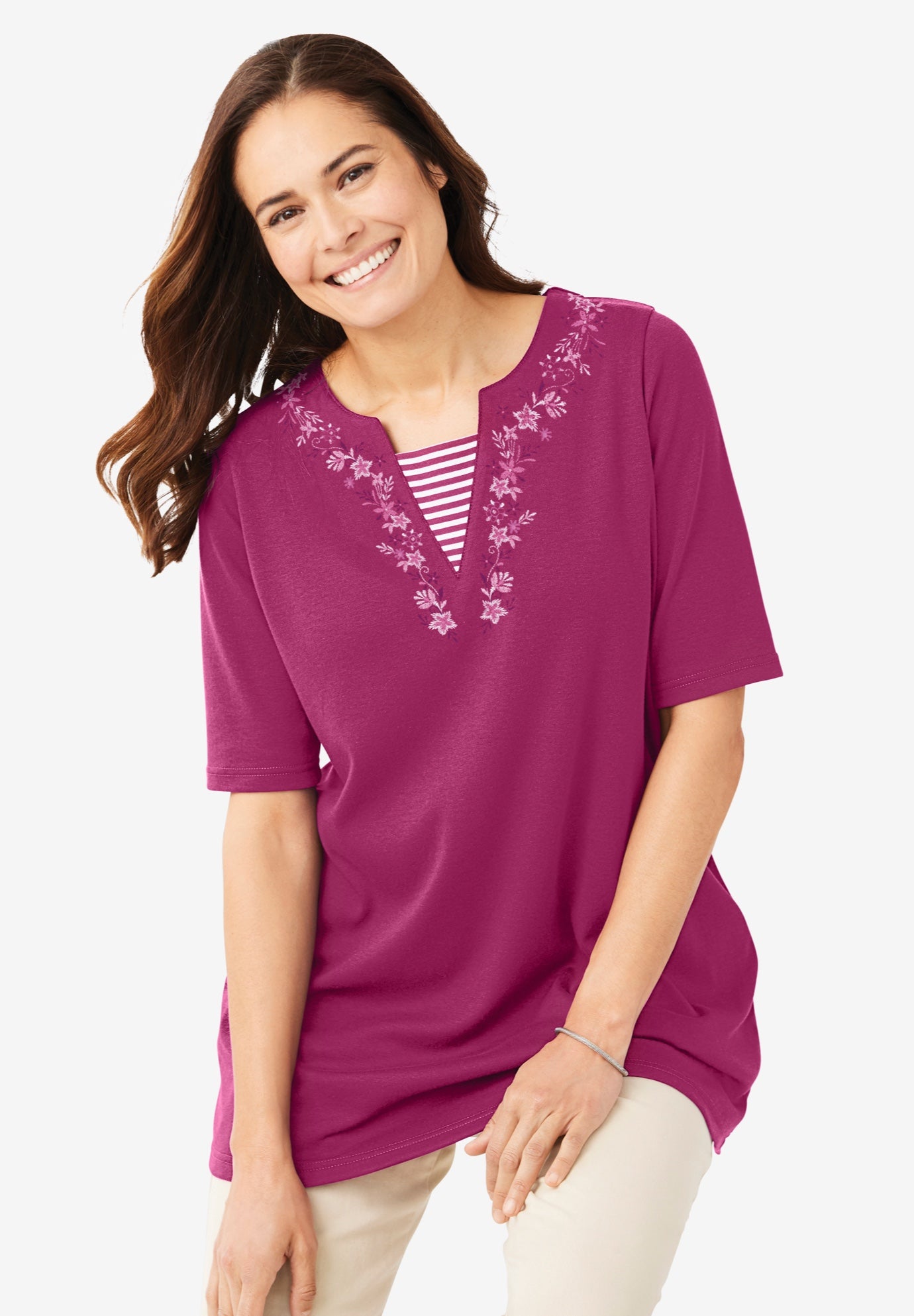 Plus Size Embroidered Layered-Look Tunic, Raspberry Flower