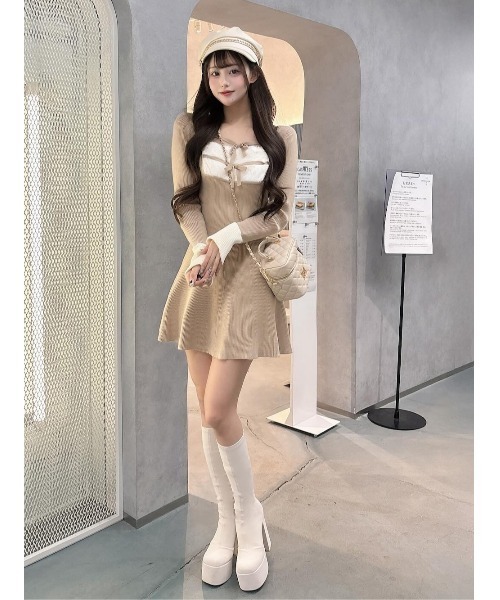 Darich（ダーリッチ） ワンピース リボンファーフレアニットミニ