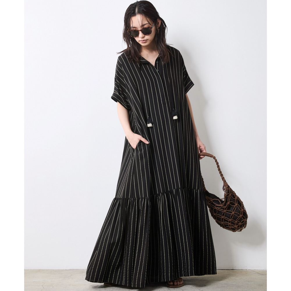 ストライプフレンチスリーブロングワンピース 大きいサイズ シック