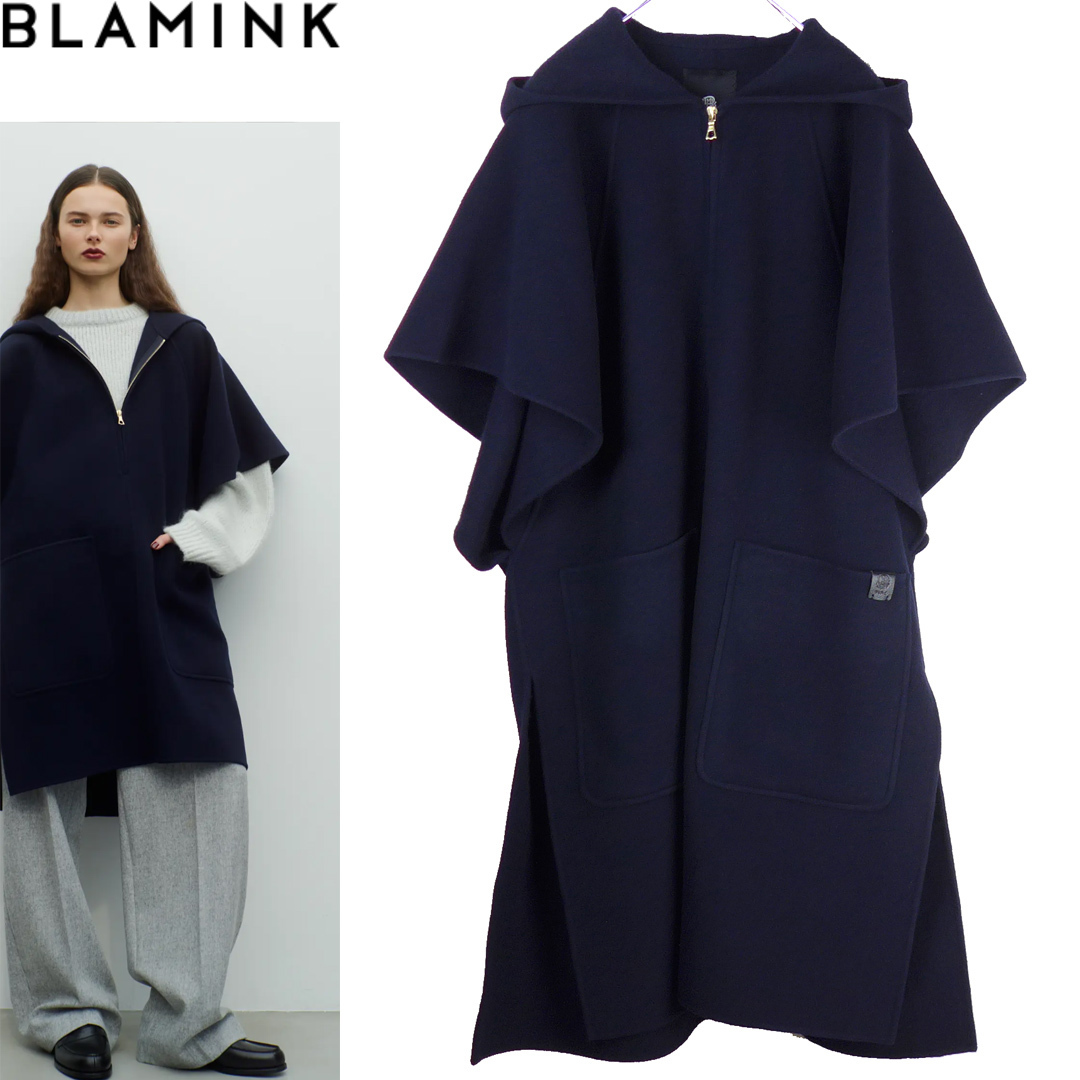 BLAMINK ブラミンク 23AW フードポンチョ コート36 ネイビー ウール