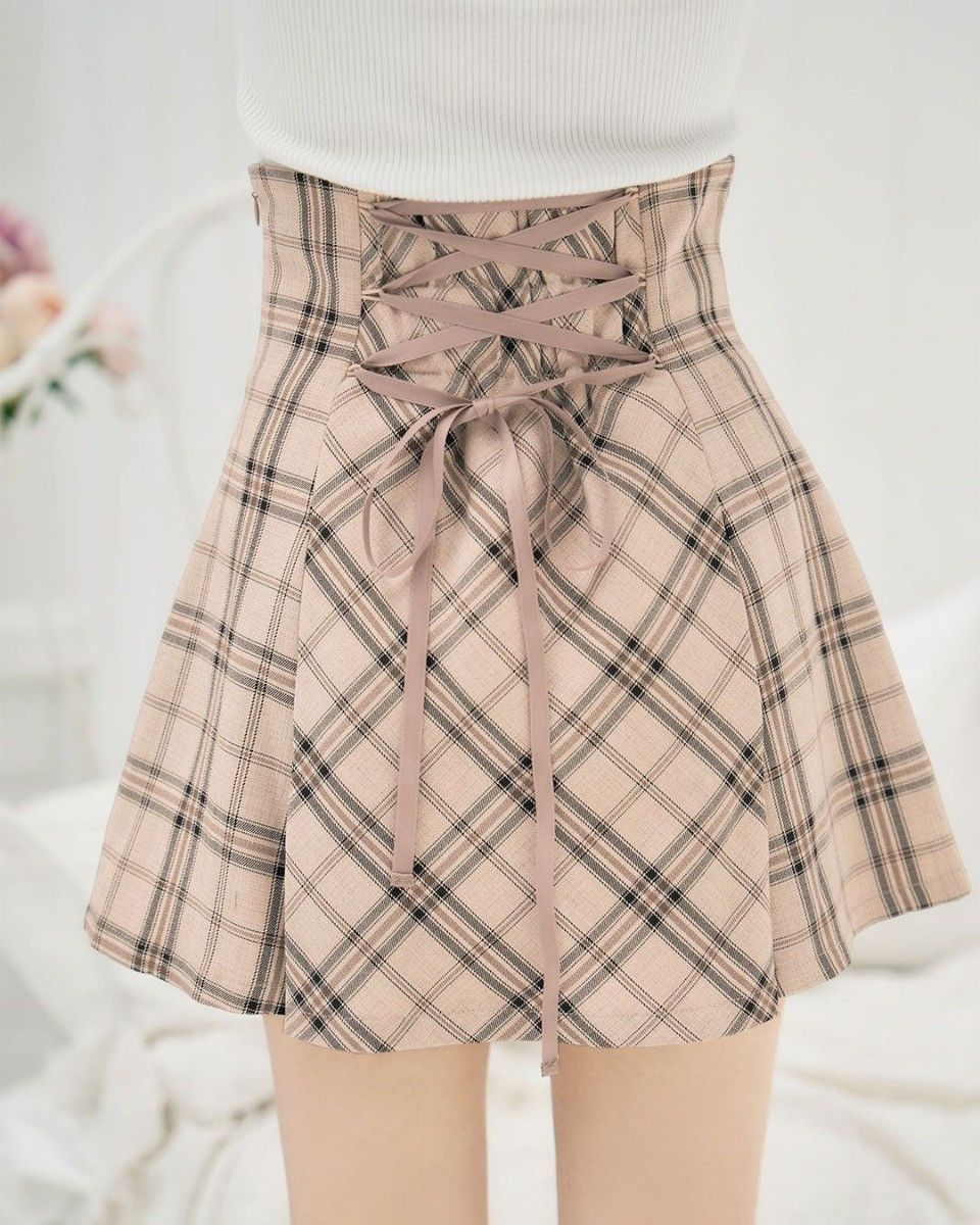 ミシェルマカロン フレアチェックスカート ベージュ フリーサイズ