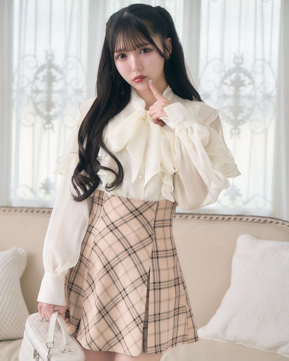 ミシェルマカロン フレアチェックスカート ベージュ フリーサイズ