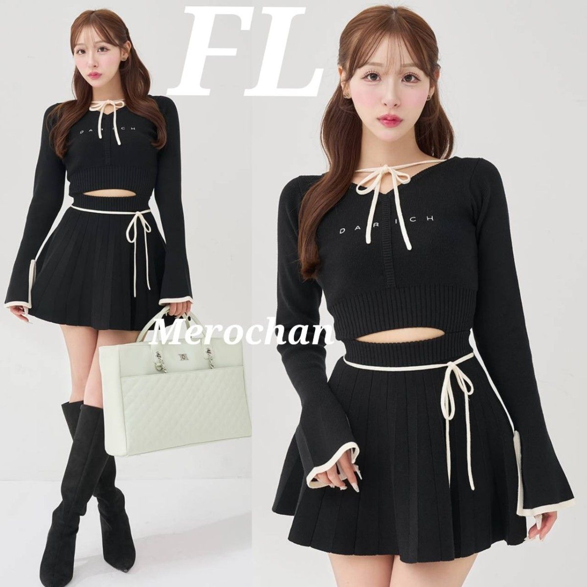 ウエストオープンリボンデザインニットミニワンピース ブラック