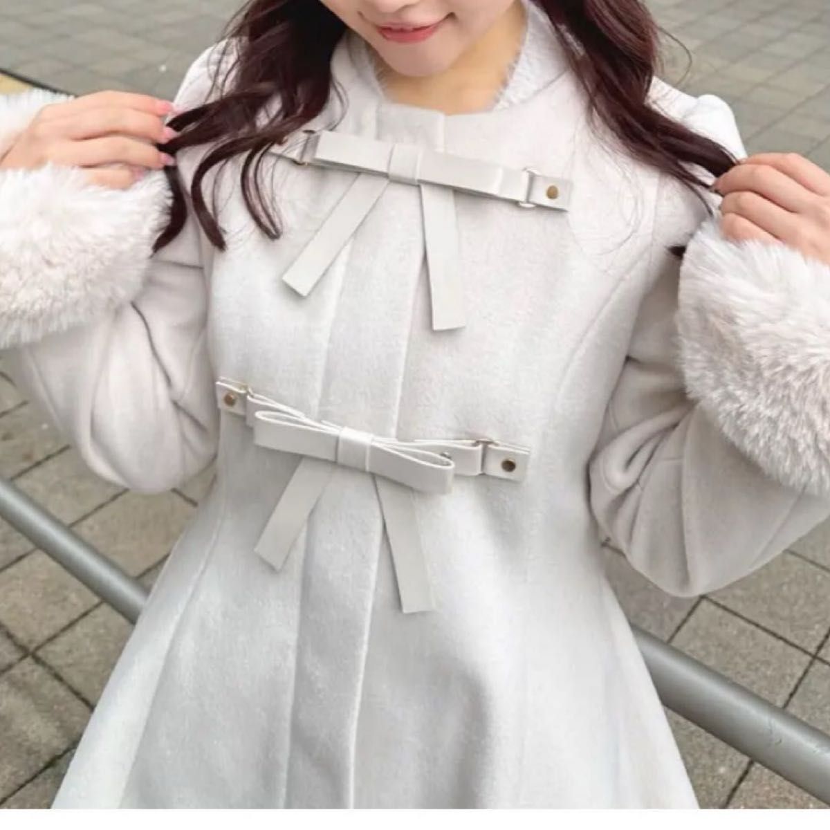 アンミール コート ピンク An MILLEリボンフレアノーカラーコート