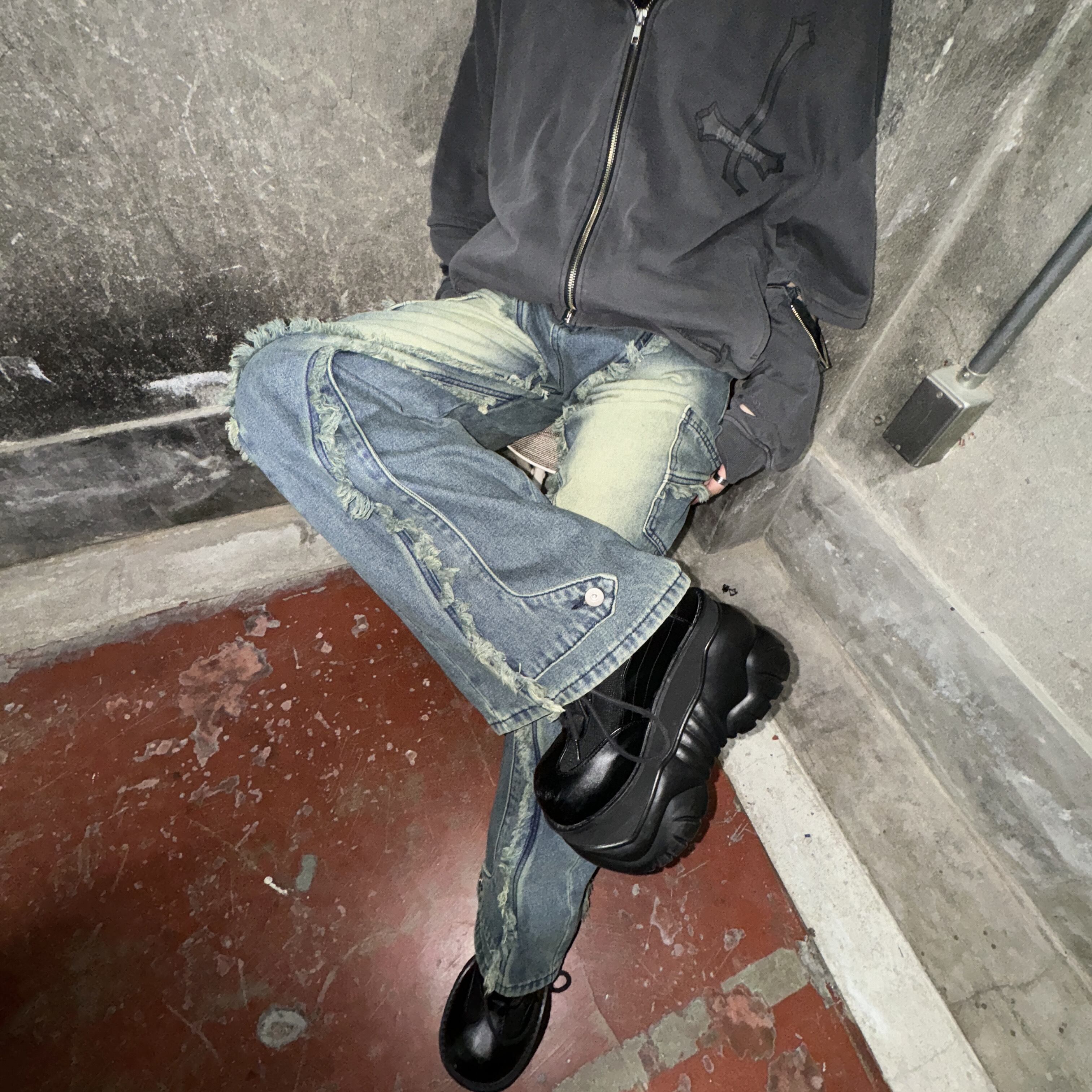 BARCON フリンジフレアデニムパンツ グランジ サブスト ストリート