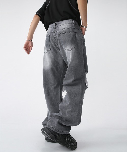 ルーズシルエット ハードクラッシュダメージ加工 グレーワイドデニム