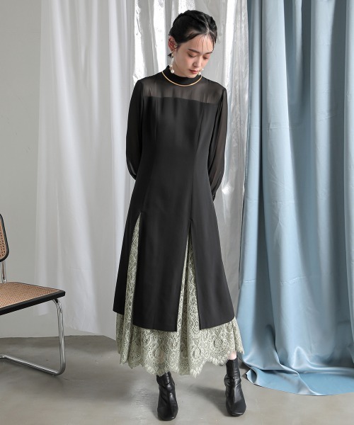 セール】〔Callarus〕裾スリットレースデザインロング丈ワンピース