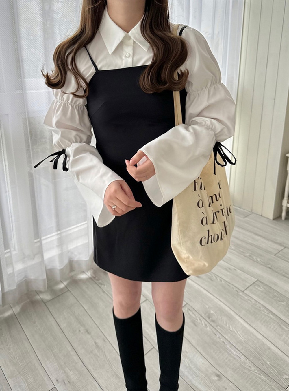 フリルスリーブバックリボン ブラウス×キャミミニワンピース 黒|ミニ