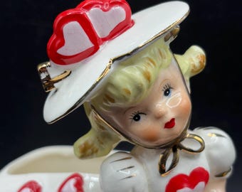 Vintage Relpo Valentines Lady Planter: Heart Dress, Parasol, Japan