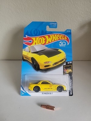 2017 Hot Wheels Nightburnerz '95 Mazda RX-7 Yellow DAMAGED CARD