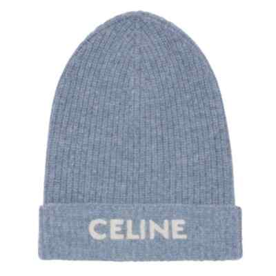Celine Paris Cloudy Blue White Logo Laine Wool Knit Beanie Winter