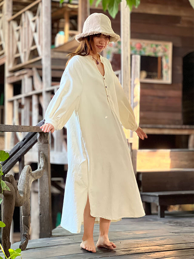 asana x chewin'bacco HEMP100% デニム風 ゆったり ロング ワンピース