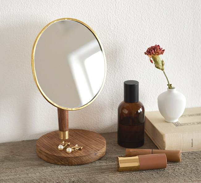 ブラス＆WOOD スタンドミラー 卓上ミラー オーバル 鏡 真鍮 天然木