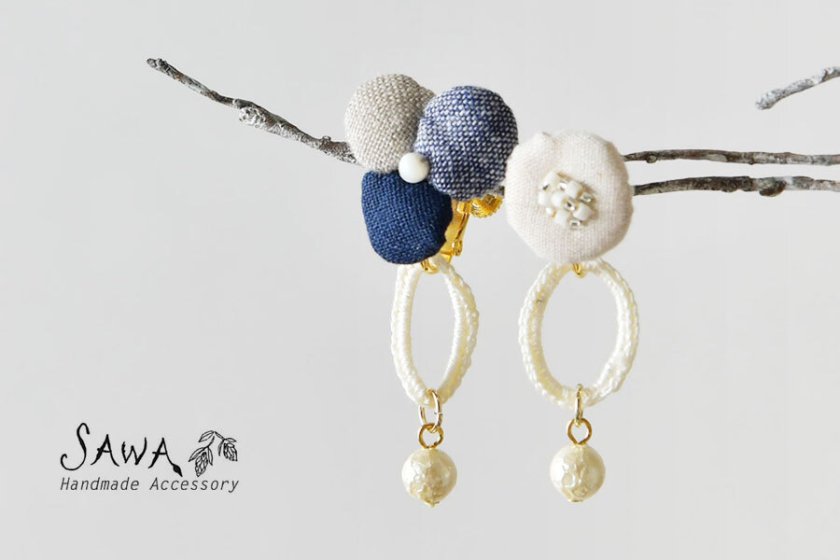 SAWA サワ】三ツ花 × 丸花 編み リング 2way イヤリング (te-p-40