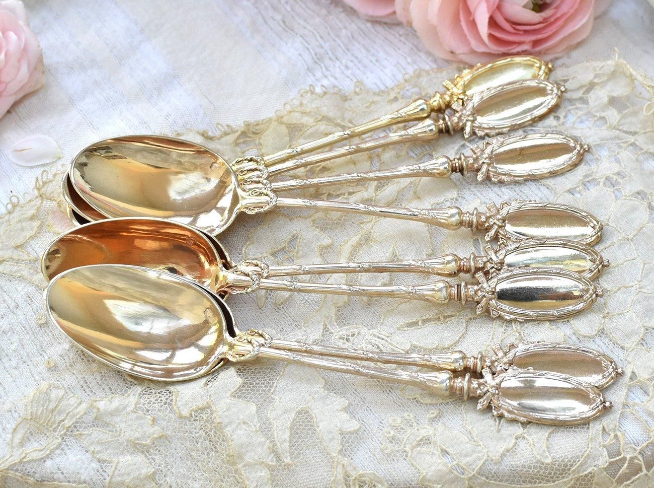 仏アンティーク銀器【銀950】ゴールド ティースプーン6本 - Edwardian