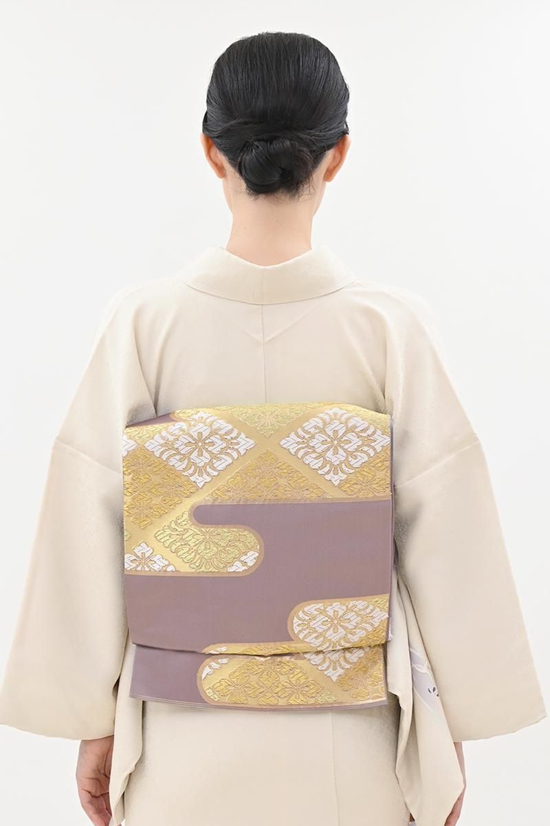 銀座【L-8617】西陣 川島織物製 本袋帯 半色 霞に花菱文（落款入