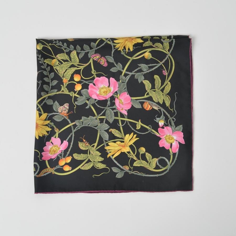 GUCCI（グッチ） レディース フラワー シルク スカーフ 黒 ピンク 花柄
