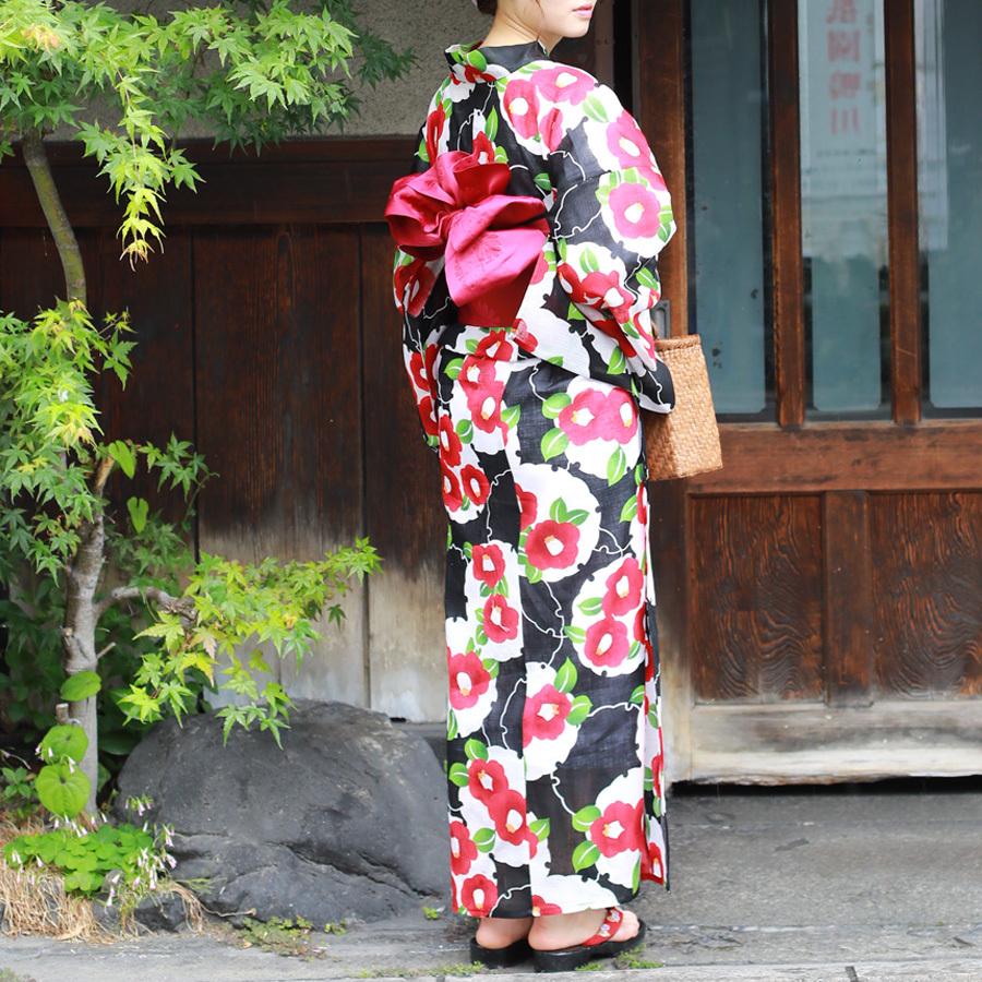 レディース 浴衣 単品 綿麻【27】麻混 高級 ゆかた 黒系 ブラック系 椿