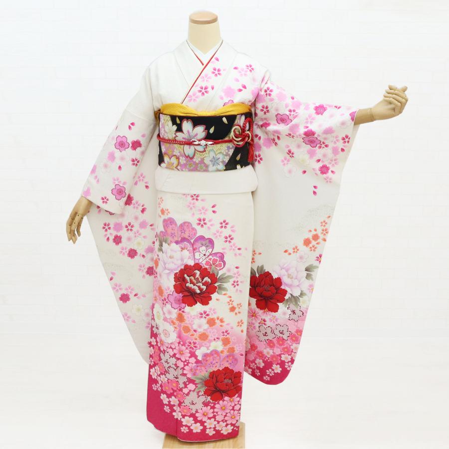 振袖レンタル 成人式 フルセット 1月 振袖 レンタル 白 ピンク 牡丹 桜