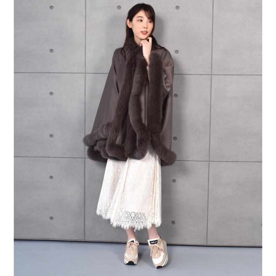 ポンチョ ケープ 日本製 カシミヤ100% 大判フォックス ファー付き