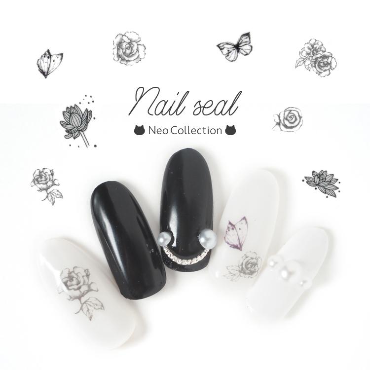ネイルシール モノトーンフラワー 【HANVYI-408】 ローズ 蝶 白黒