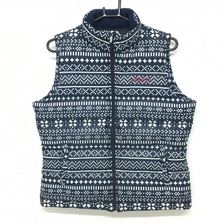 adidas（アディダス） ダウンベスト ネイビー×白 総柄 ネック内側起毛