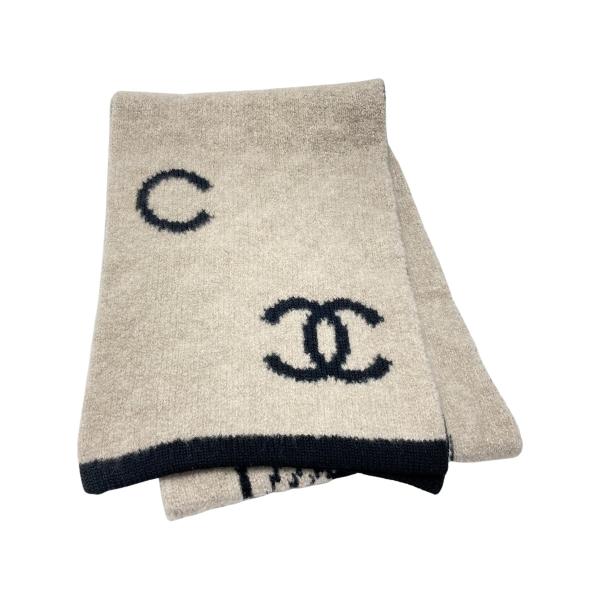 CHANEL（シャネル） ロゴ カメリア マフラー ベージュ×ブラック ウール