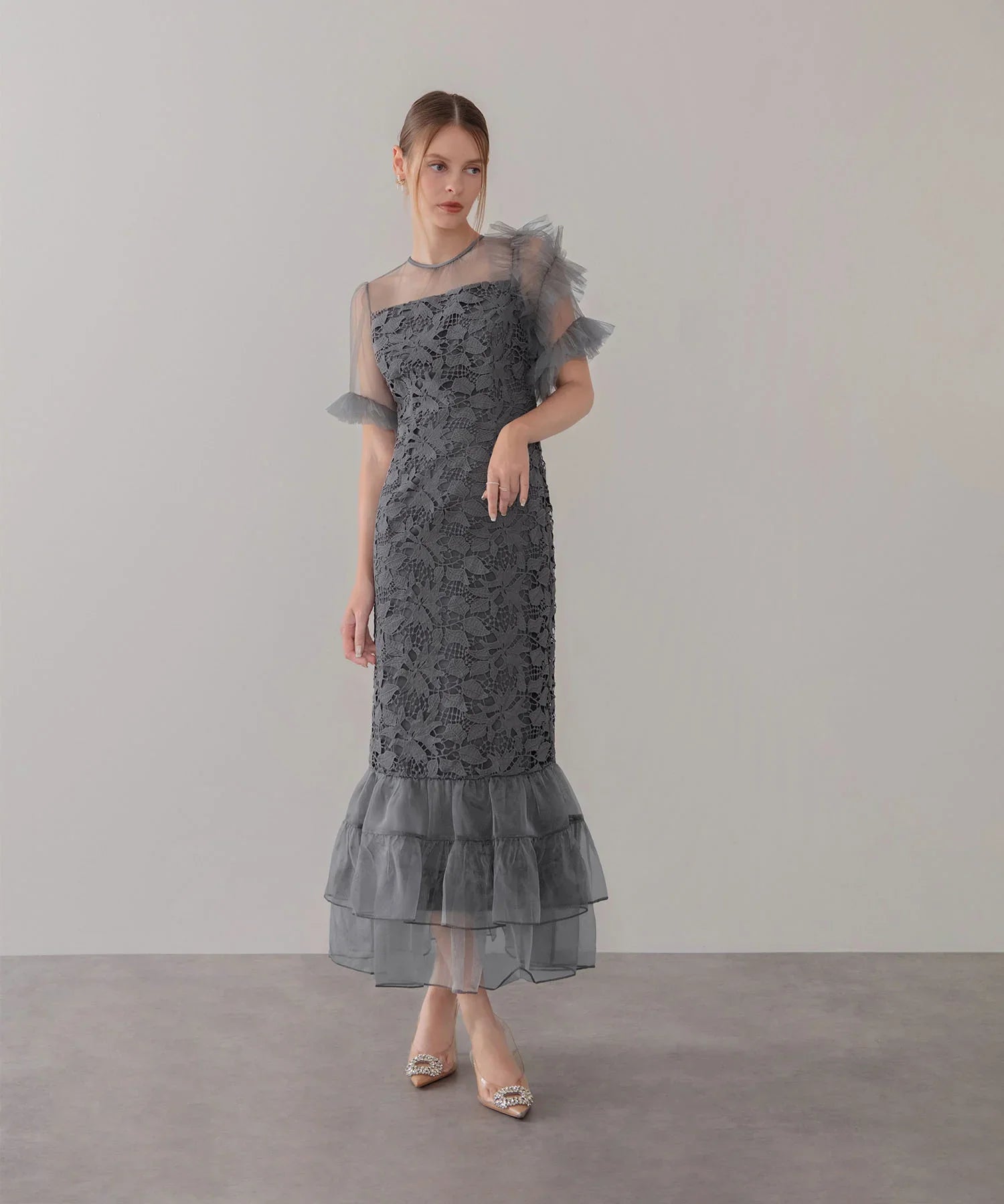 当日発送】アシンメトリーチュールスリーブレースフリルヘムIライン