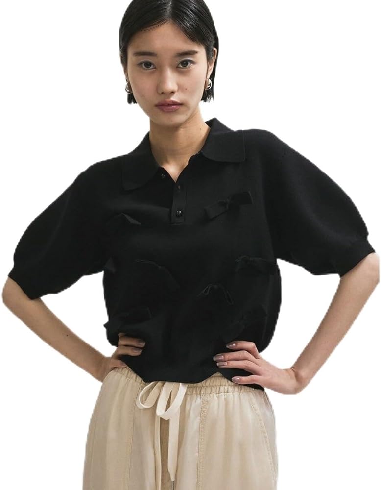 Amazon | [アダムエロペ] リボンポロニット ブラック(01) F