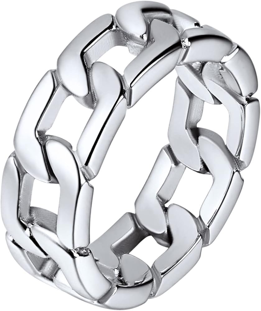 U7 Stainless Steel Mens Rings,Classic Silver Rings Cuban Link