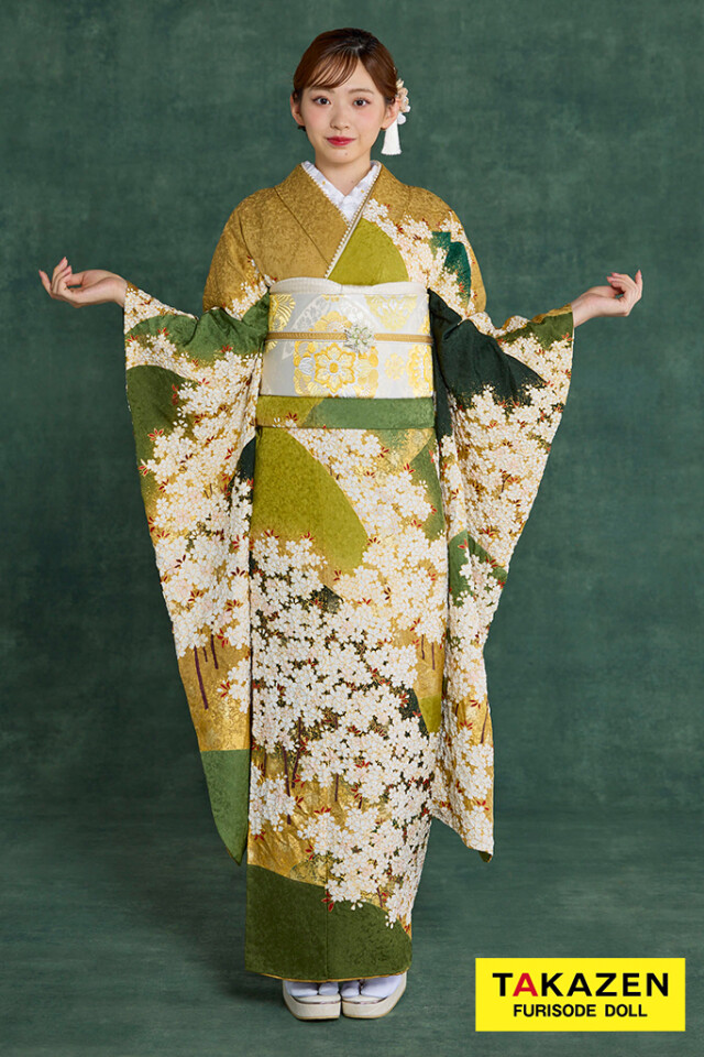 TAKAZENの振袖 /緑色/その他色/古典/桜柄/ プレミアム古典 青柳/最高級