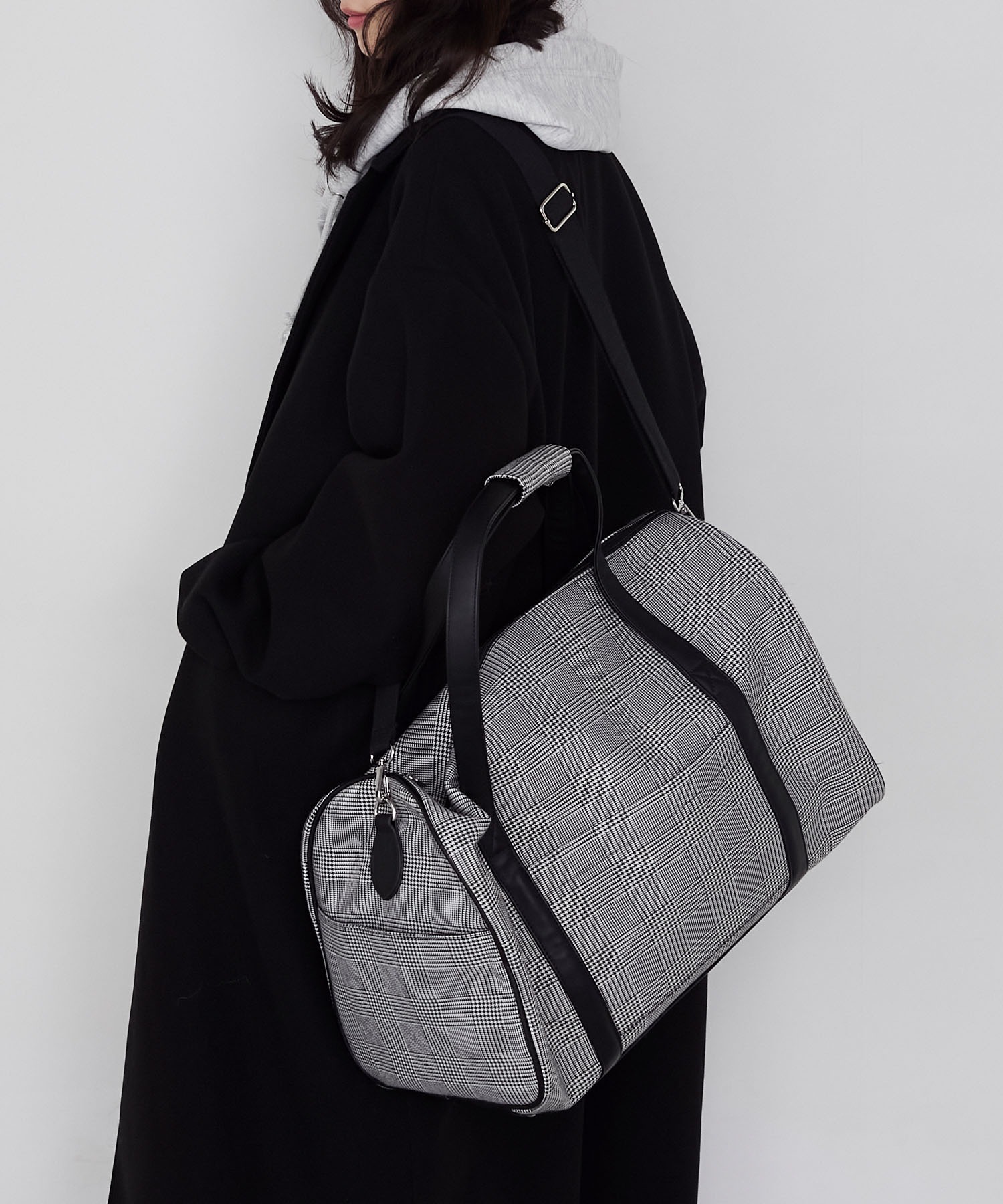 forksy.】チェック柄2wayビッグショルダートラベルボストンバッグ