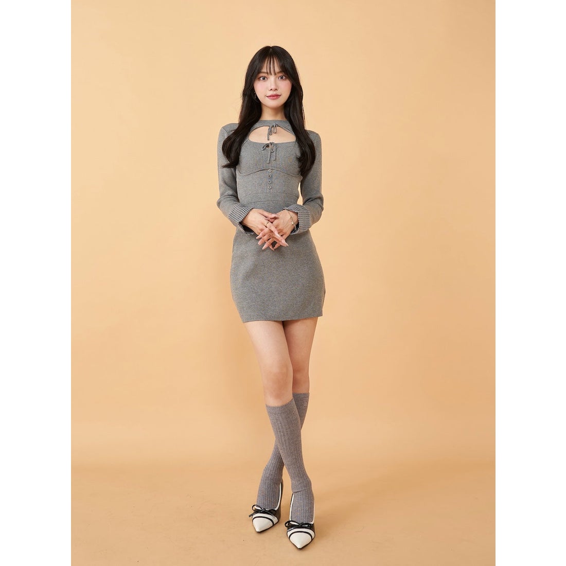 ダーリッチ Darich フロントオープンニットミニワンピース （グレー
