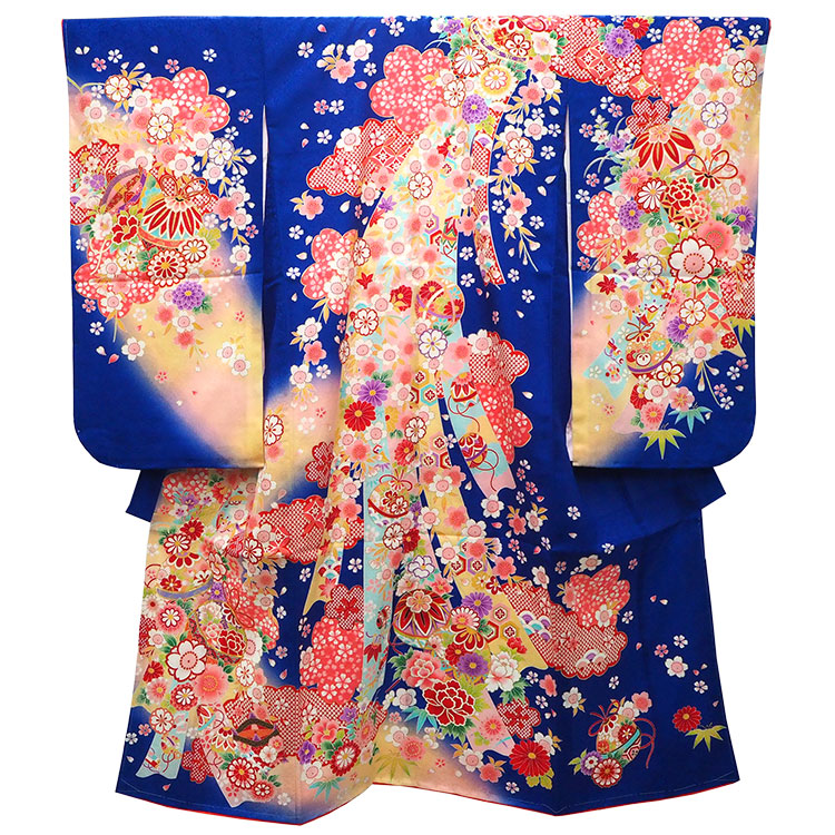 七五三 着物 7歳 青色地 桜地紋 金コマ鞠 桜 四つ身 単品 長襦袢付き