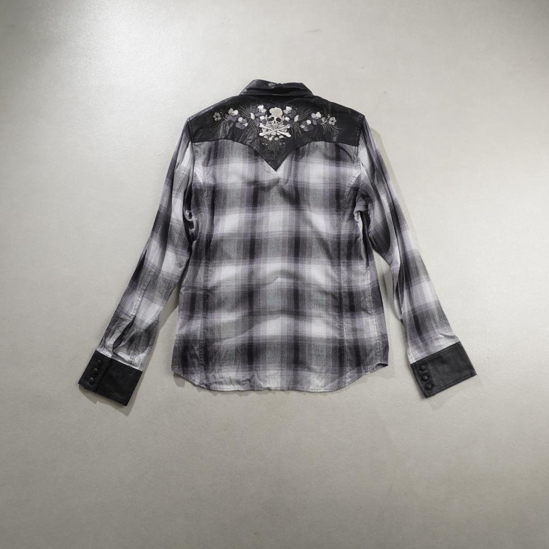 Roen チェック柄 鹿革レザー切替シャツ スカル刺繍 グレー/FZ52 - メルカリ