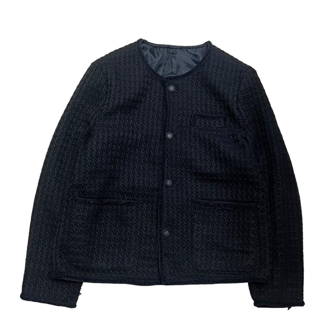 【極上品】メンズ ツイード ノーカラー ジャケット BLACK ジャケット メンズ 秋 黒 ツイードジャケット 韓国系 ノーカラー