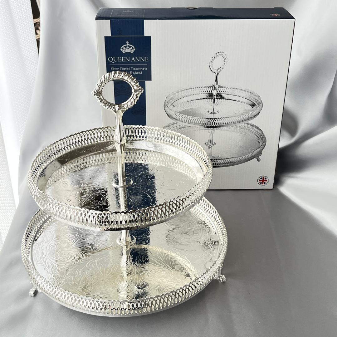 【QUEEN ANNE】 透かしのケーキスタンド 2段【シルバープレート】 クイーン アン QUEEN ANNE（イギリス製銀メッキ） 2段ケーキスタンド