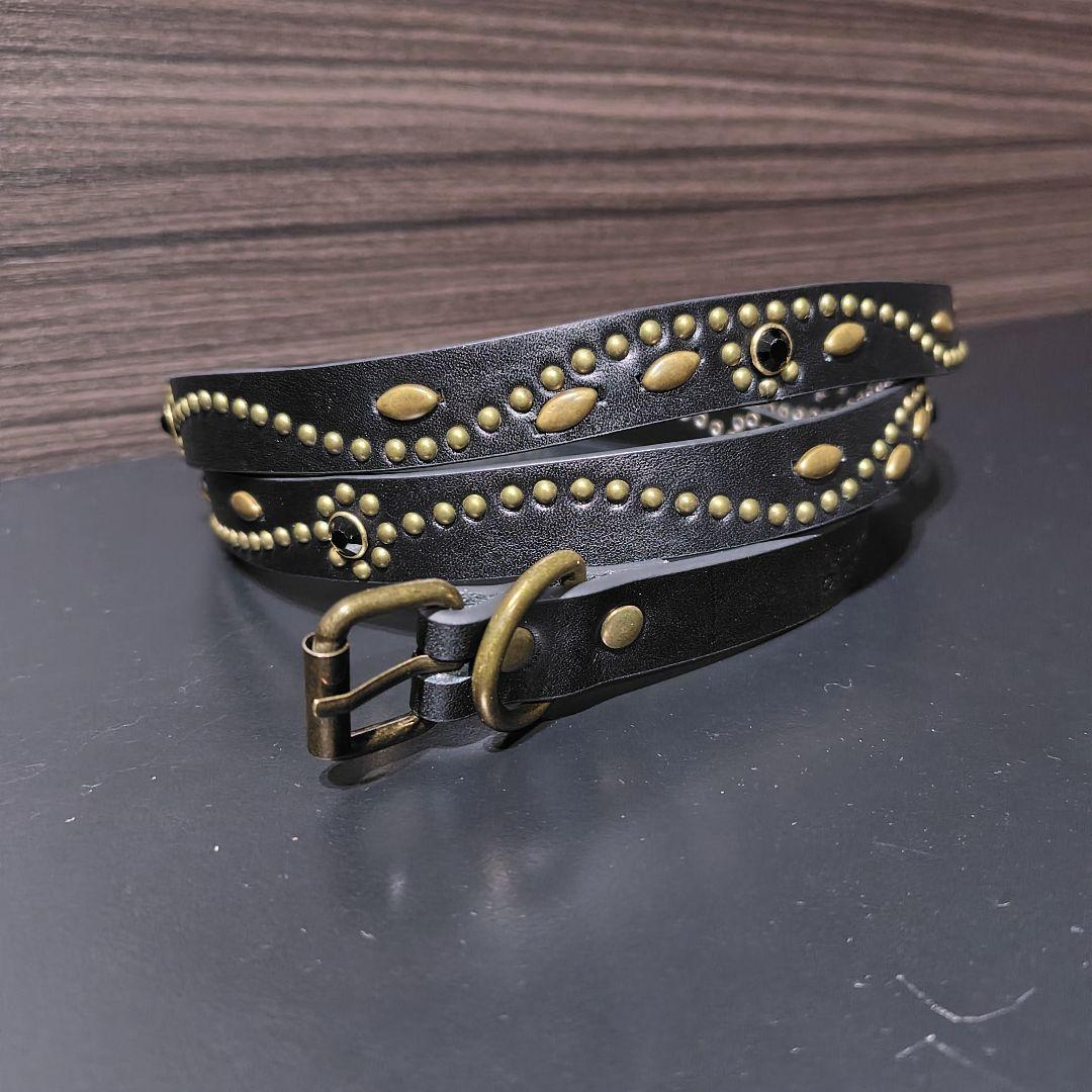 フラワー黒金□本革レザーフルスタッズナローベルト☆アメカジ古着